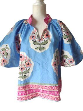 Umgee Floral Print Top with Contrasting Print Trim in Blue